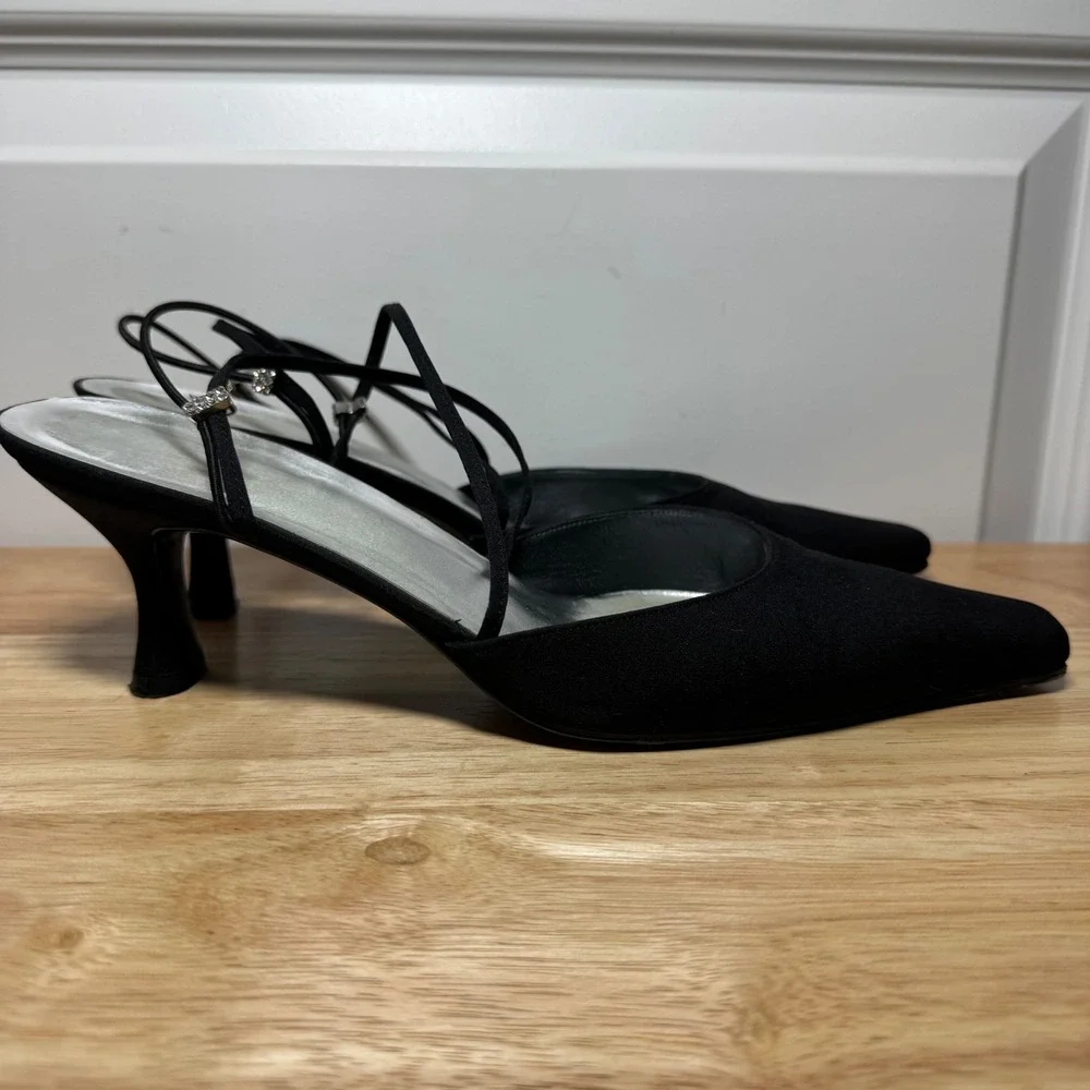 Stuart Weitzman Black Satin Pointed Toe Kitten Heels Rhinestone Straps Womens 8M